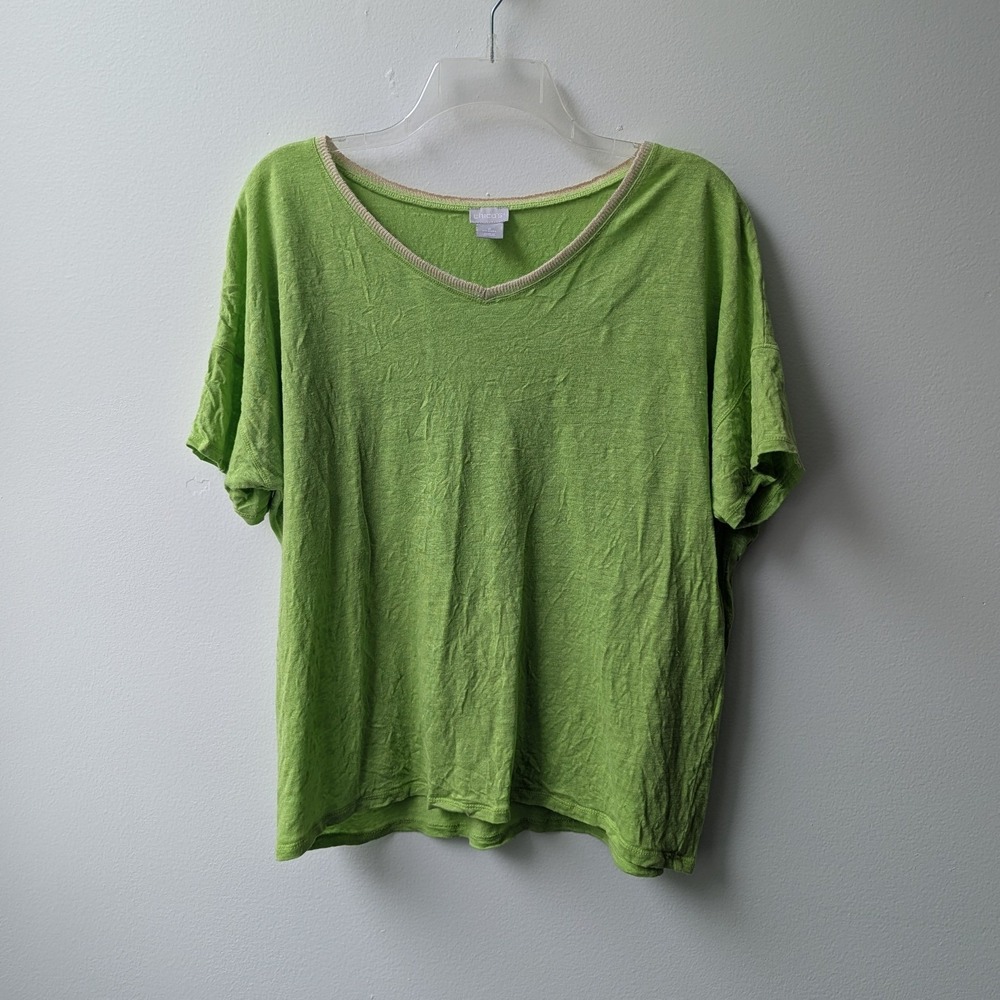 Chico's 100% Linen V-Neck Top Lime Green Metallic Lace Trim Relaxed Sz 2/ US L